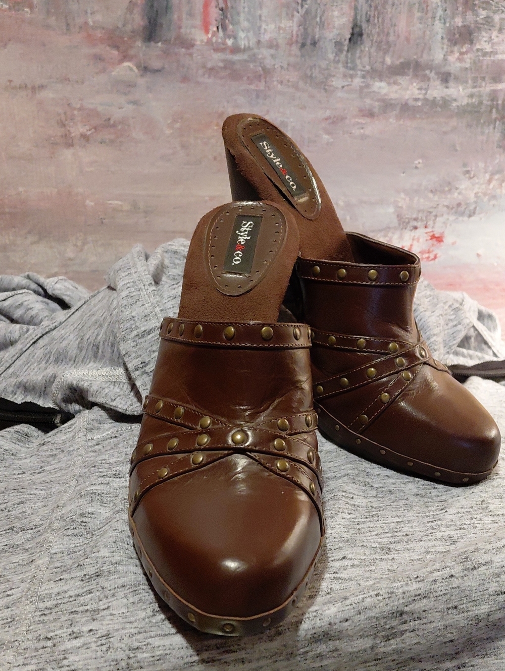 Style & Co. Brown Leather Studded Mule Clogs